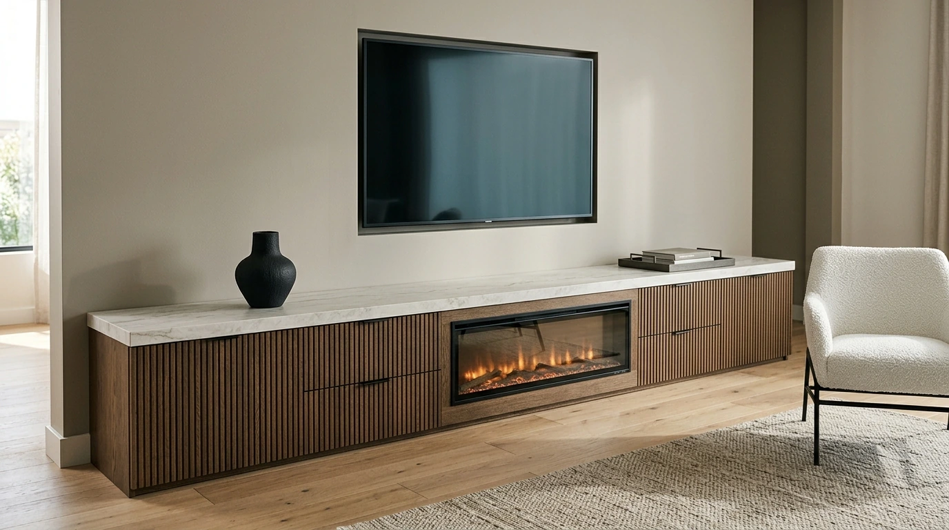 70-Inch Fluted Fireplace TV Stand with Marble-Top Look