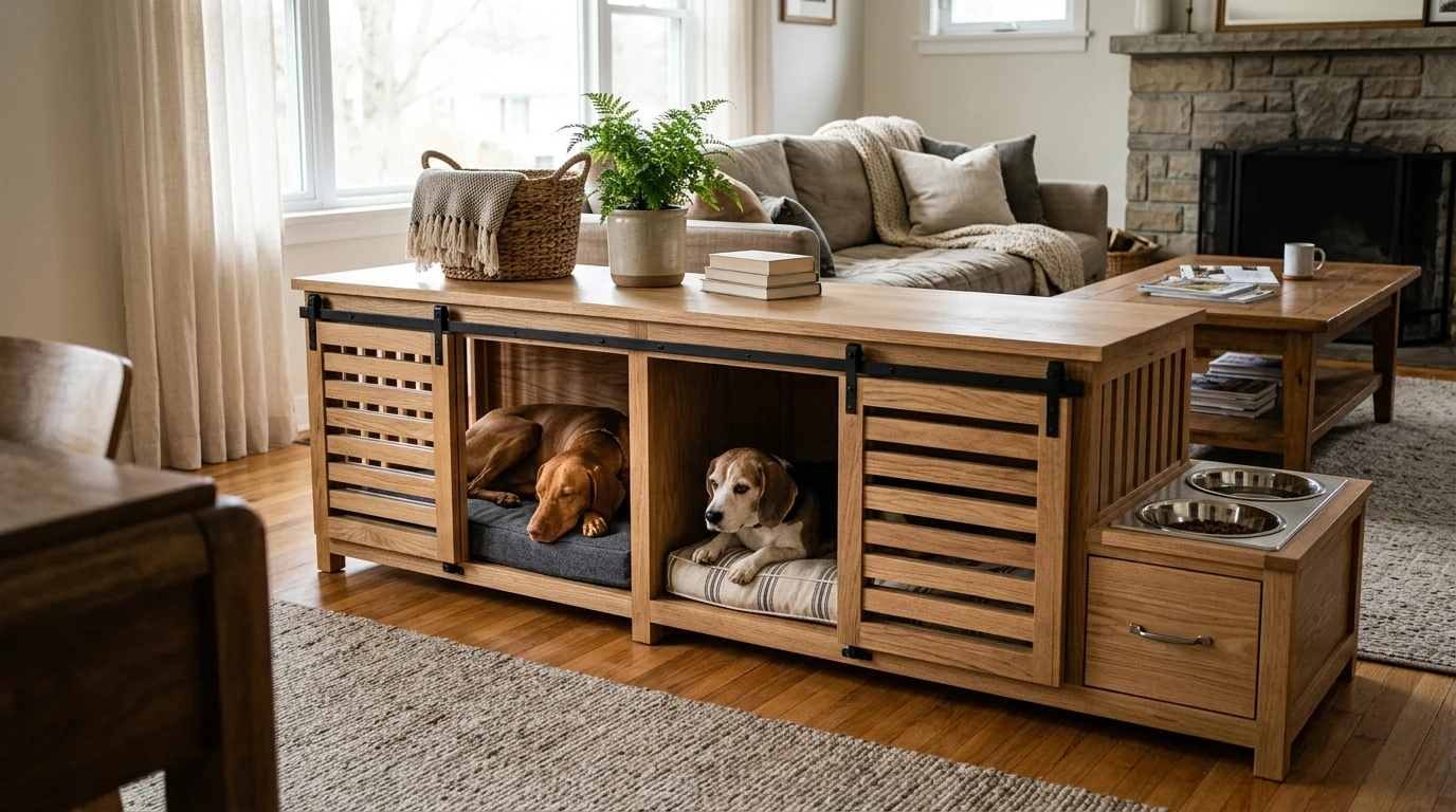Space-Smart Double Dog Crate Console (85") w/ Bowls