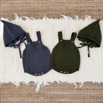 Knit Pom-Pom Romper & Hat Set for Baby Boys